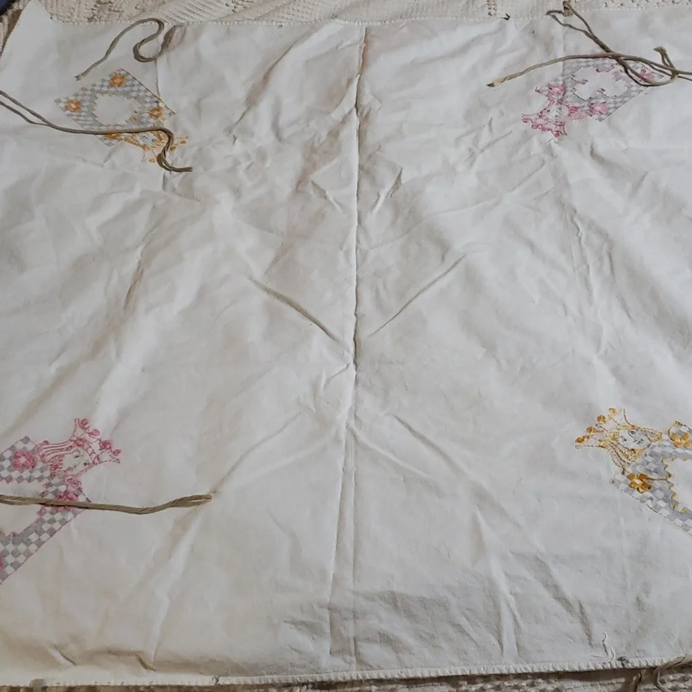 Vintage Card table cover. Handstitched pink an yellow.